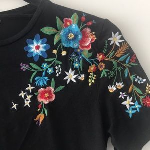 ZARA Black TSHIRT with flower embroidery.